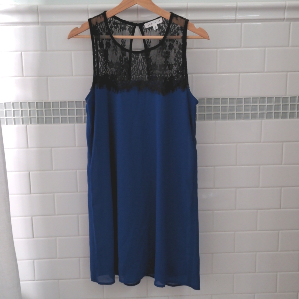 Socialite dark blue dress with black lace detailing. Small.
